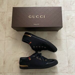 $985 Gucci Made in Italy GG Monogram Black Leather Canvas Low Top Sneakers Sz 6